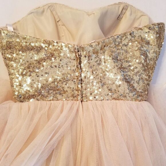 Christina Wu Prom Gown Gold Sequin Sweetheart Bodice Champagne Maxi Dress - Picture 6 of 8